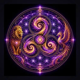 Isotipo de Triskelion: espiral triskelion dorada sobre fondo de Flor de la Vida