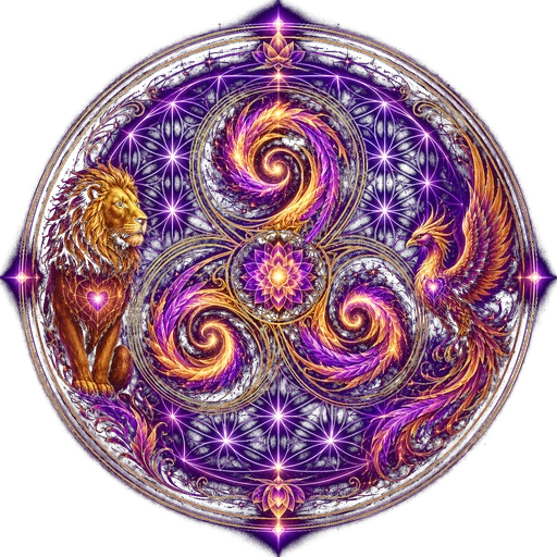 Logo de Triskelion Project: triskelion con león, fénix y Flor de la Vida